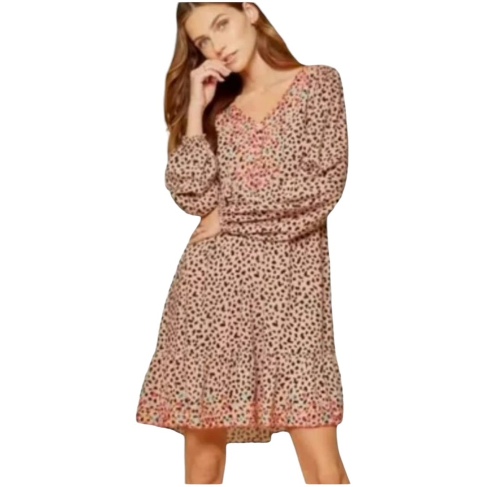 Savannah Jane Womens Embroidered Animal Print Long Puff Sleeve Babydoll Dress L